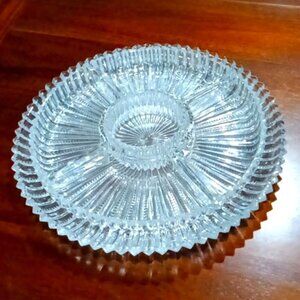 Vintage Large Round Glass Platter w/ 5 Fitted Hors D'Ouevres / Condiments Dishes
